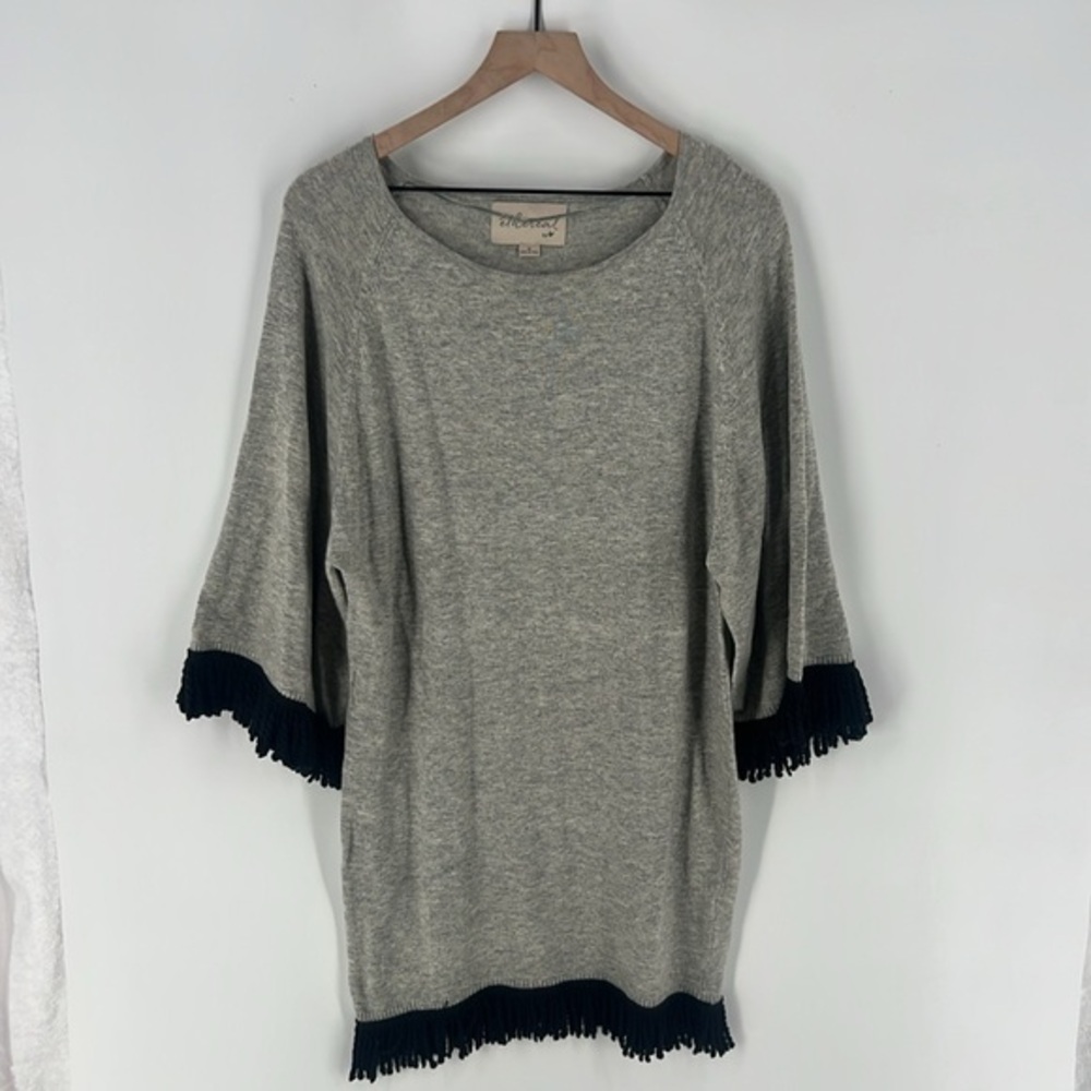 Ethereal Gray Wool Blend Fringe Trim Dolman Wide Sleeve Sleeve Sweater Dress‎